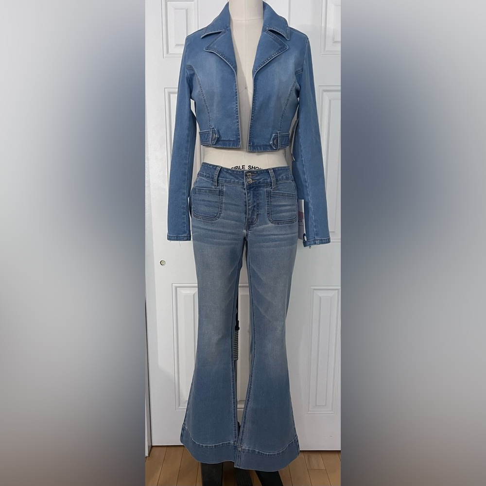 Stretch denim wide leg pants
